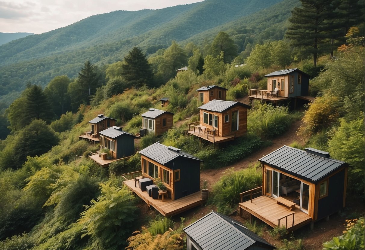 A cluster of tiny homes nestled in the lush mountains of Asheville, NC, surrounded by vibrant greenery and winding paths