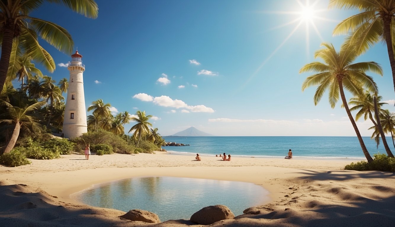 A serene beach with calm waters and a family building sandcastles under the shade of palm trees. A distant lighthouse stands tall against the clear blue sky