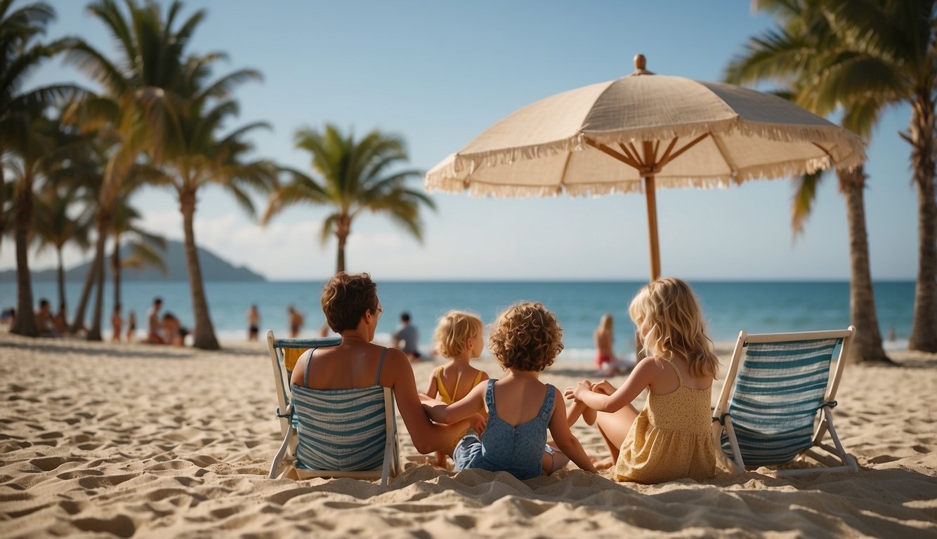 A serene beach with calm waves, palm trees, and a clear blue sky. A family plays in the sand, while others relax under umbrellas