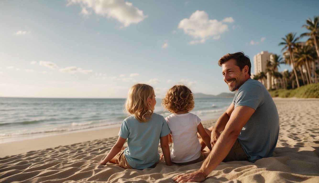 A family sits by a calm beach, surrounded by gentle waves and palm trees. They are smiling and relaxed, enjoying a safe and peaceful travel destination