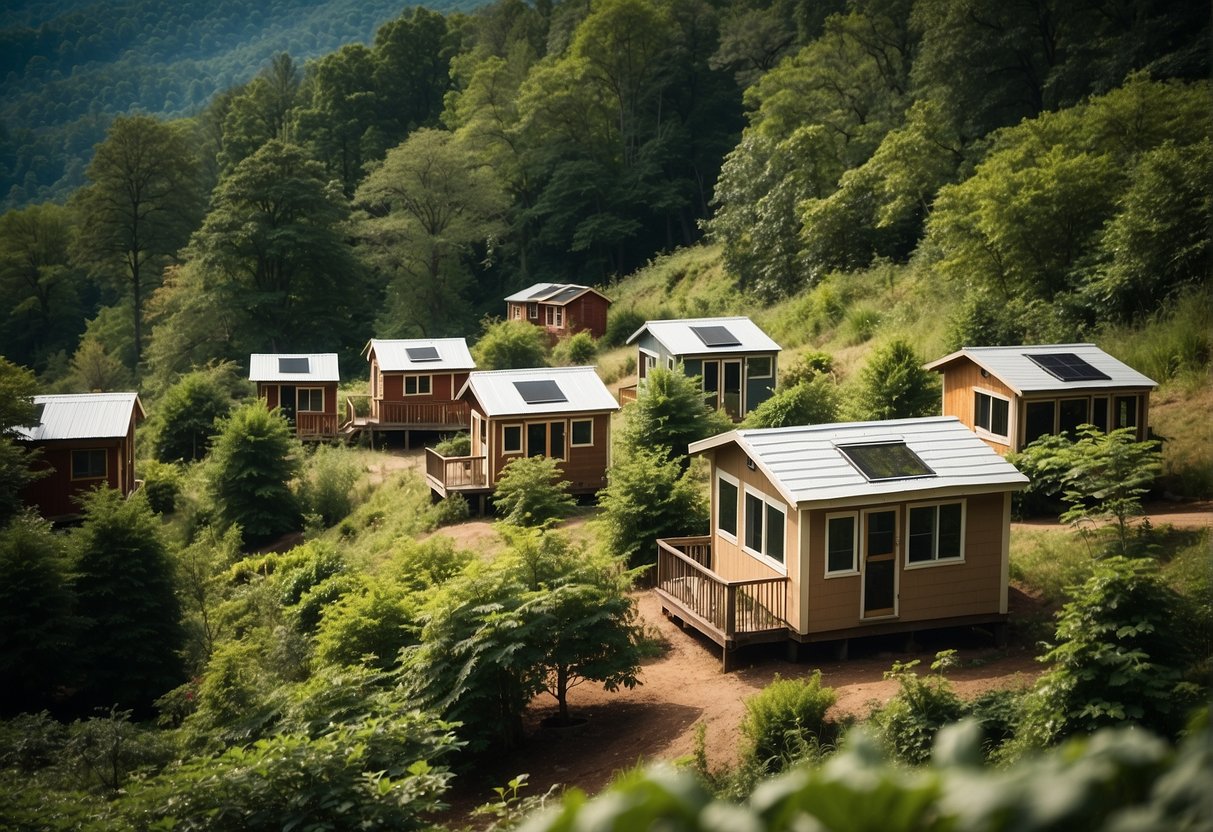 A cluster of tiny homes nestled among the lush greenery of Asheville, NC. Each home is uniquely designed, surrounded by communal gardens and gathering spaces