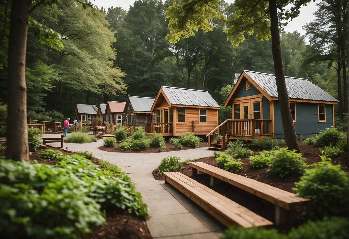 The tiny home community in Asheville, NC features lush green spaces, communal gardens, a central gathering area, and a playground for children