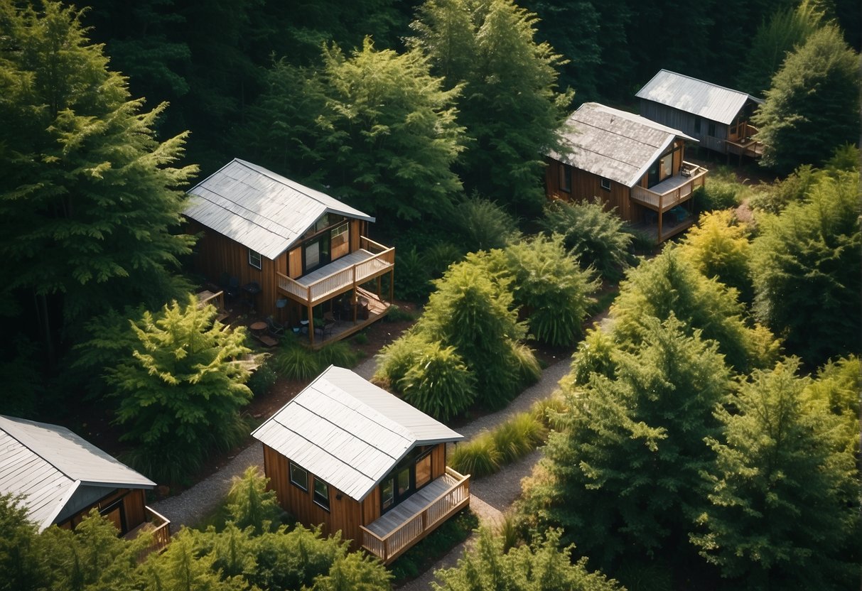 Aerial view of quaint tiny homes nestled among lush greenery in an Asheville, NC community