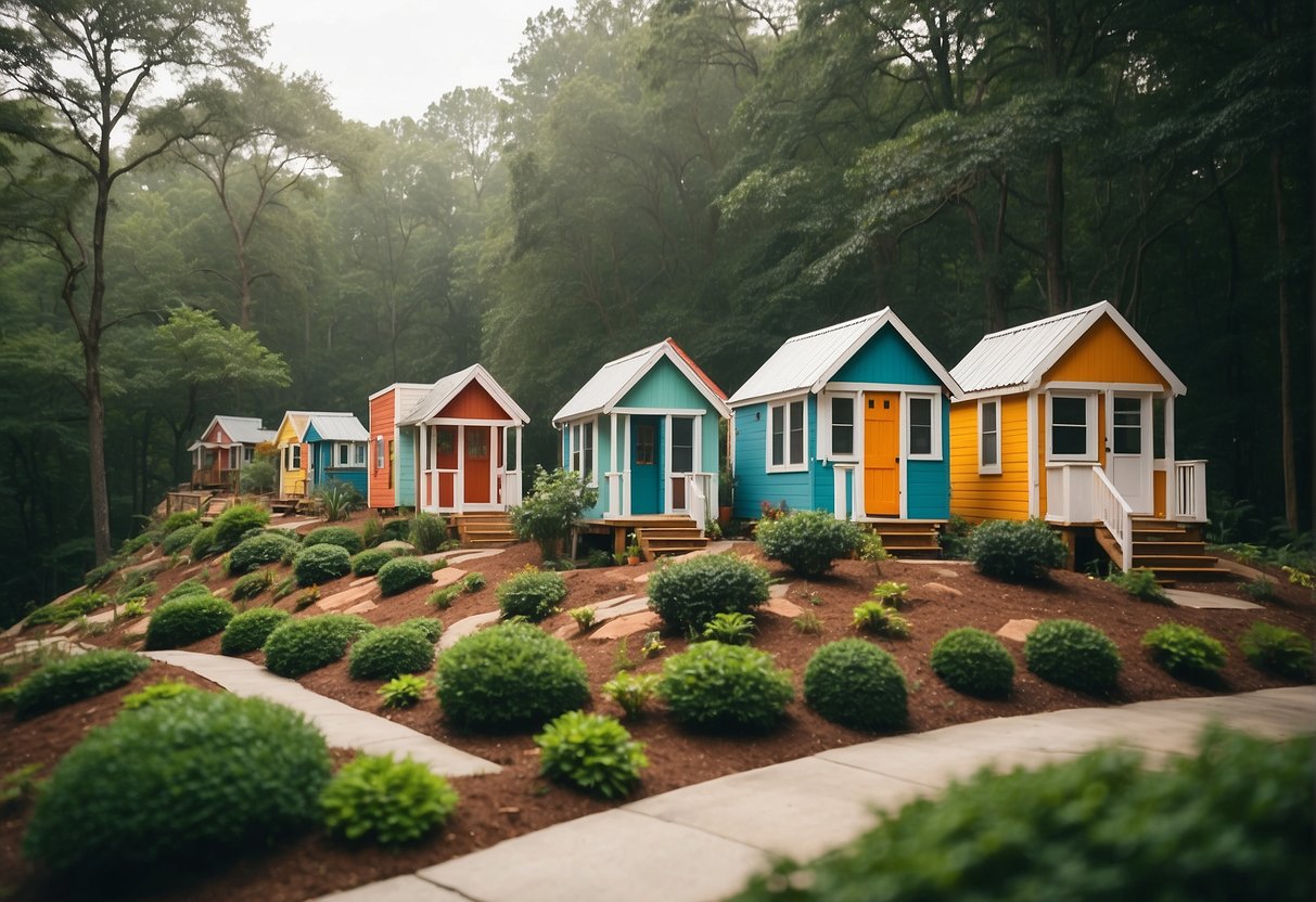 A cluster of colorful tiny homes nestled among lush trees in an Atlanta, Georgia community