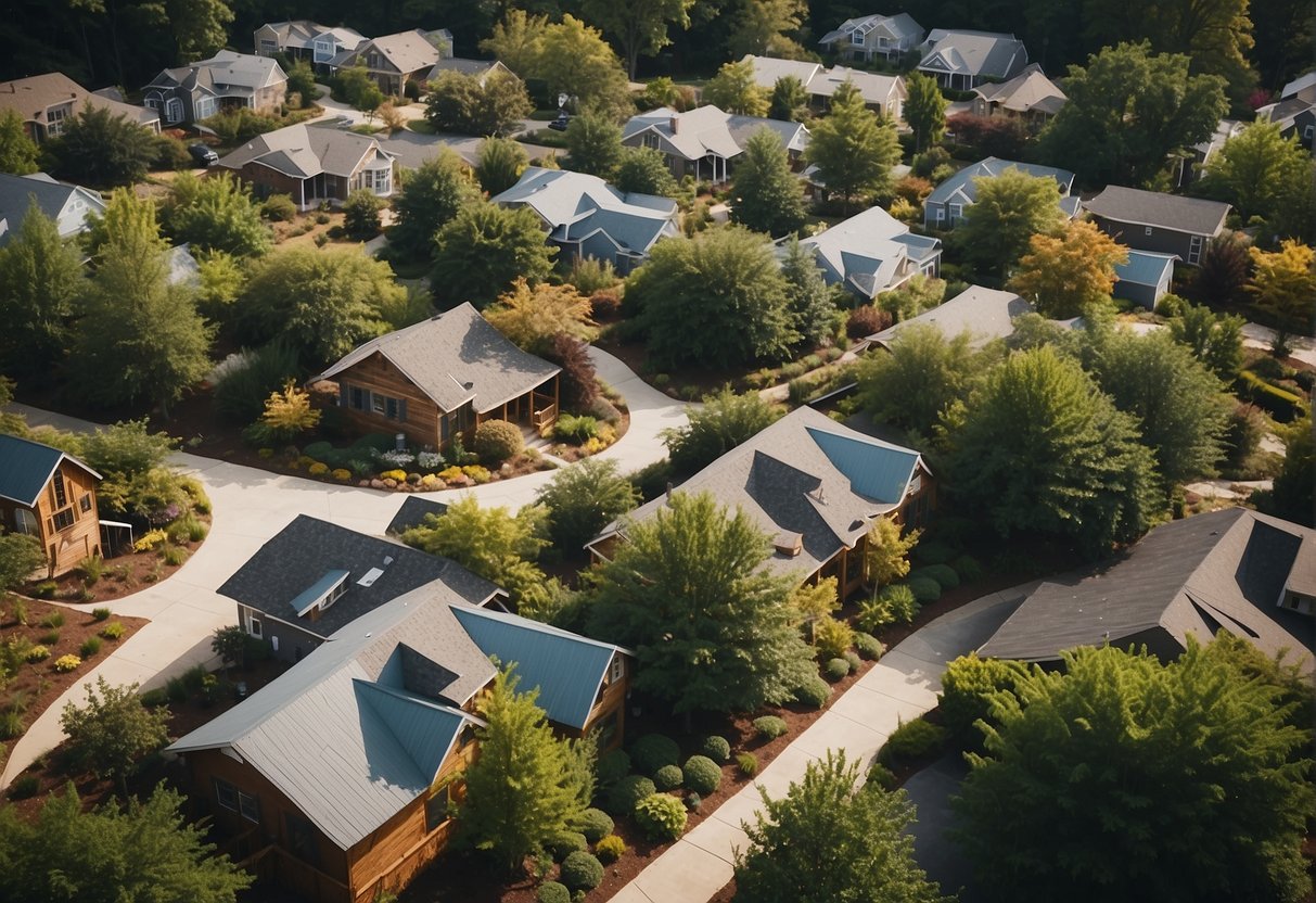 Aerial view of vibrant tiny home community in Atlanta, Georgia. Lush greenery, communal gardens, and cozy dwellings nestled together