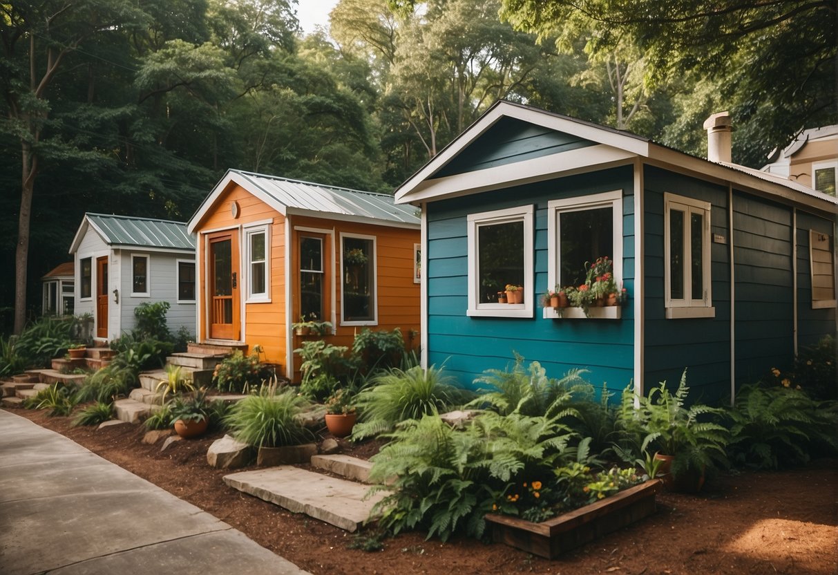 Tiny homes nestled among lush greenery, with communal spaces and vibrant murals, create a sense of community in Atlanta's tiny home neighborhoods