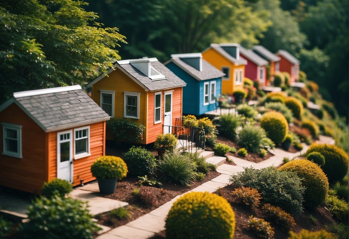 A cluster of colorful tiny homes nestled among lush green trees in a vibrant Atlanta community