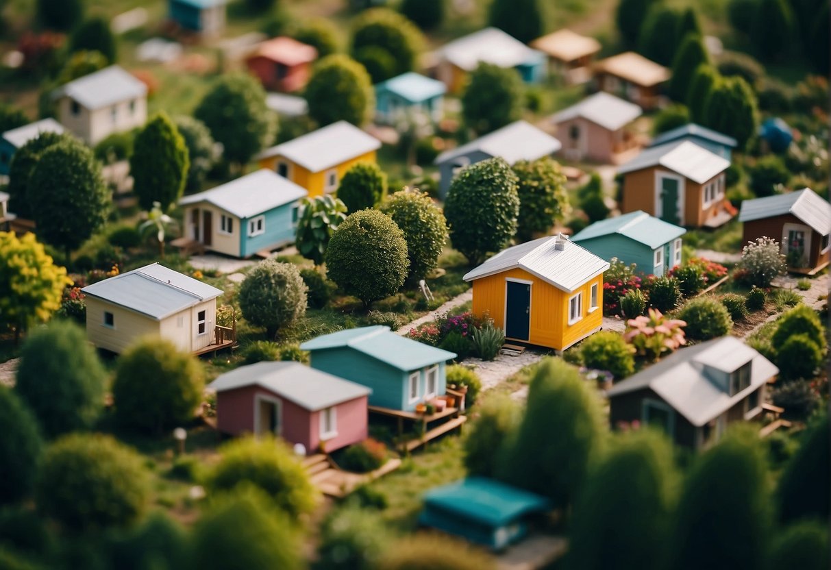 A cluster of colorful tiny homes nestled amidst lush greenery, with a central communal area and residents engaged in various activities