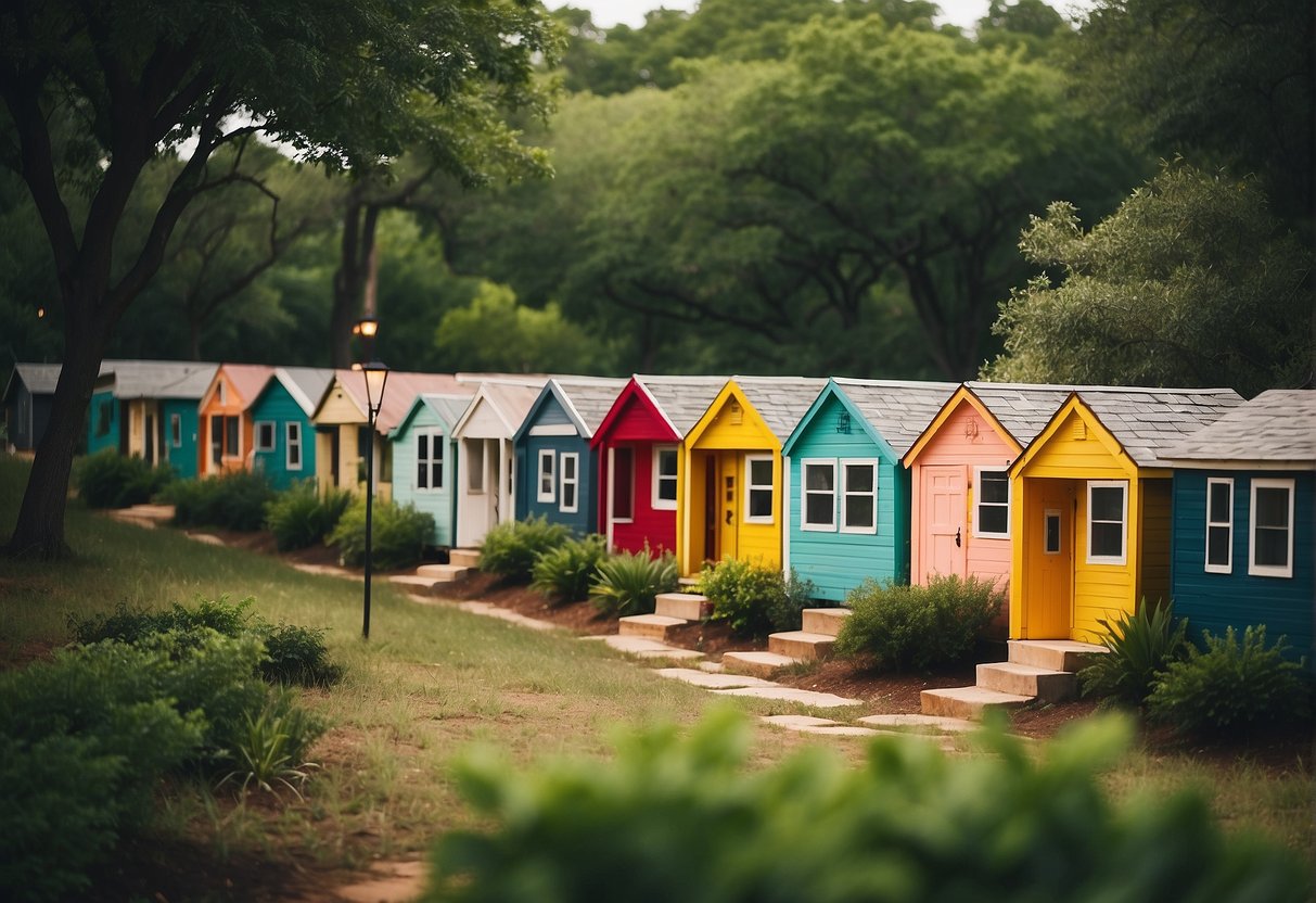 A cluster of colorful tiny homes nestled among lush green trees in an Austin, Texas community