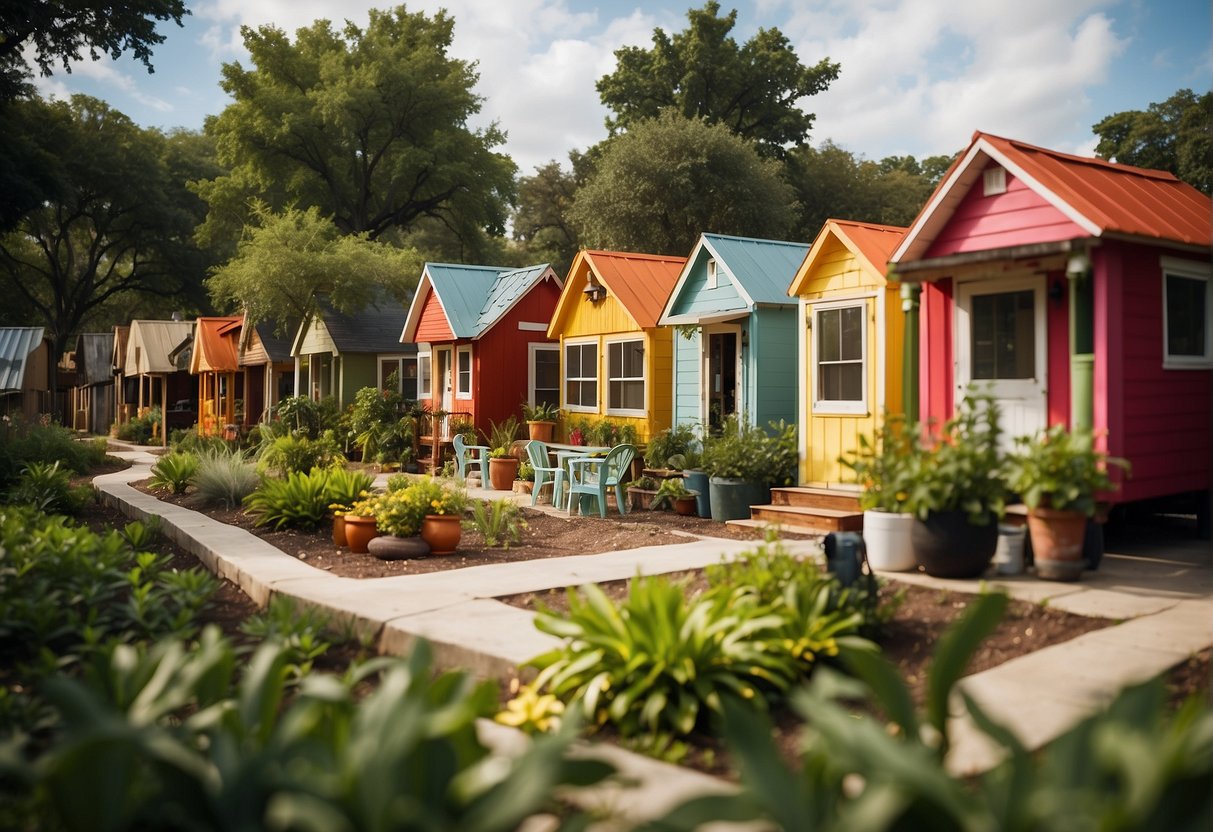 A vibrant tiny home community in Austin, Texas, with colorful houses nestled among lush greenery, residents enjoying communal gardens and outdoor gatherings