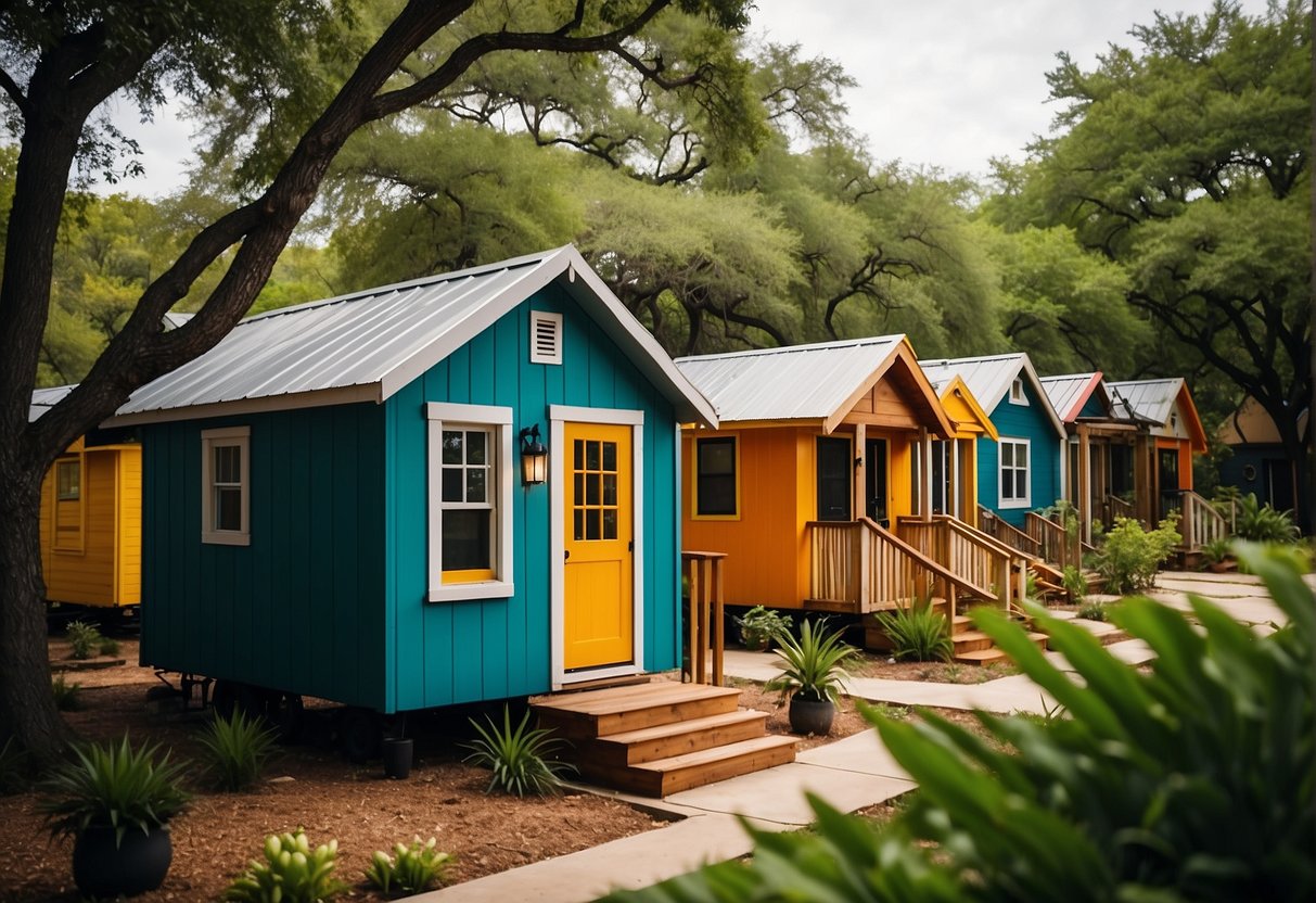 A cluster of colorful tiny homes nestled among lush green trees in a vibrant community in Austin, Texas
