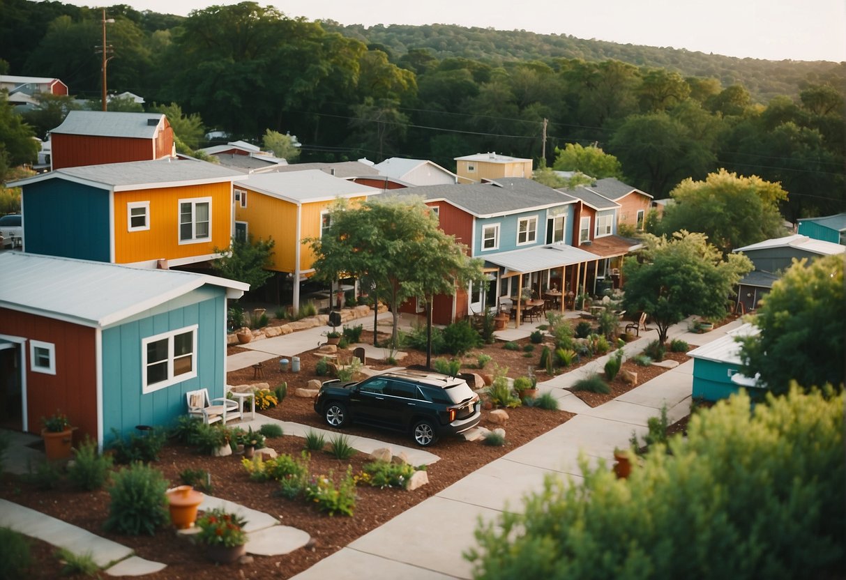 A bustling tiny home community in Austin, Texas, with colorful houses, communal gardens, and residents socializing outdoors