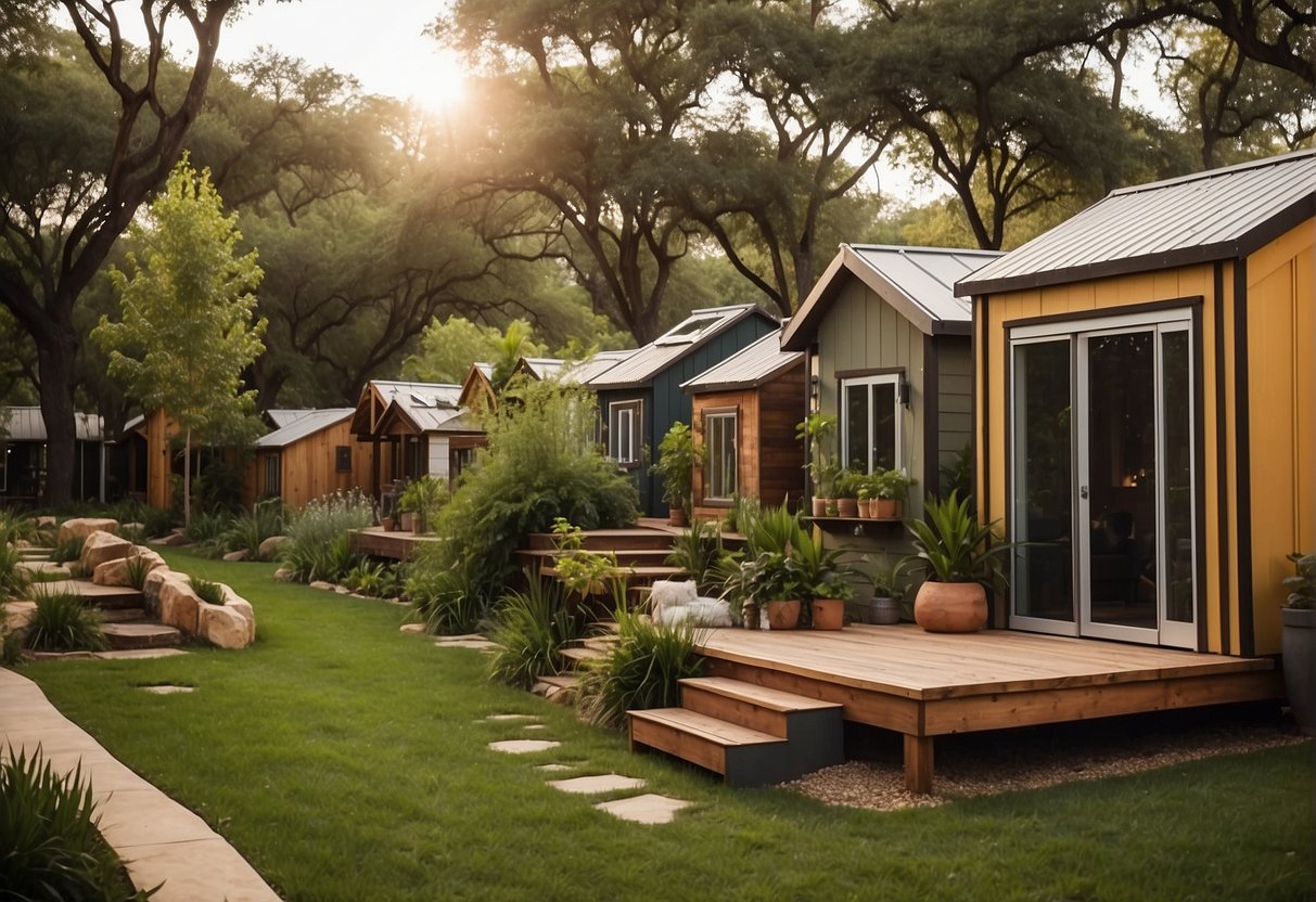 A cluster of tiny homes nestled among lush greenery in an Austin, Texas community. Each home is uniquely designed and surrounded by communal spaces for residents to gather and socialize