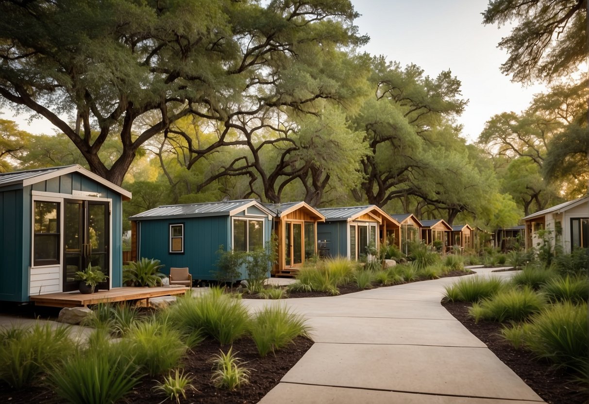 A group of tiny homes nestled within a lush, green community in Austin, Texas. The homes are arranged in a neat and orderly fashion, with communal spaces and pathways weaving throughout the area