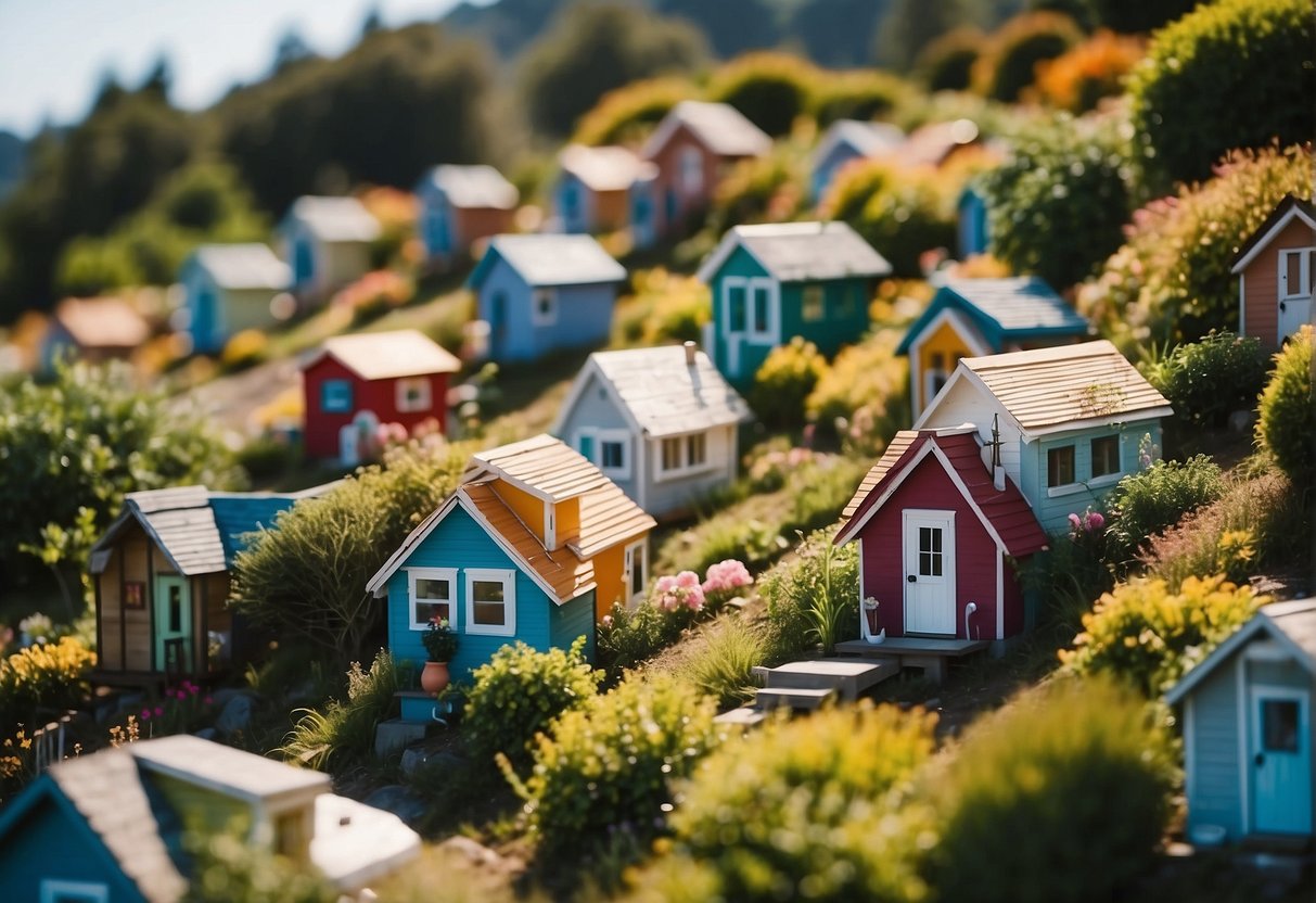 A cluster of colorful tiny homes nestled among lush greenery in a bustling Bay Area community