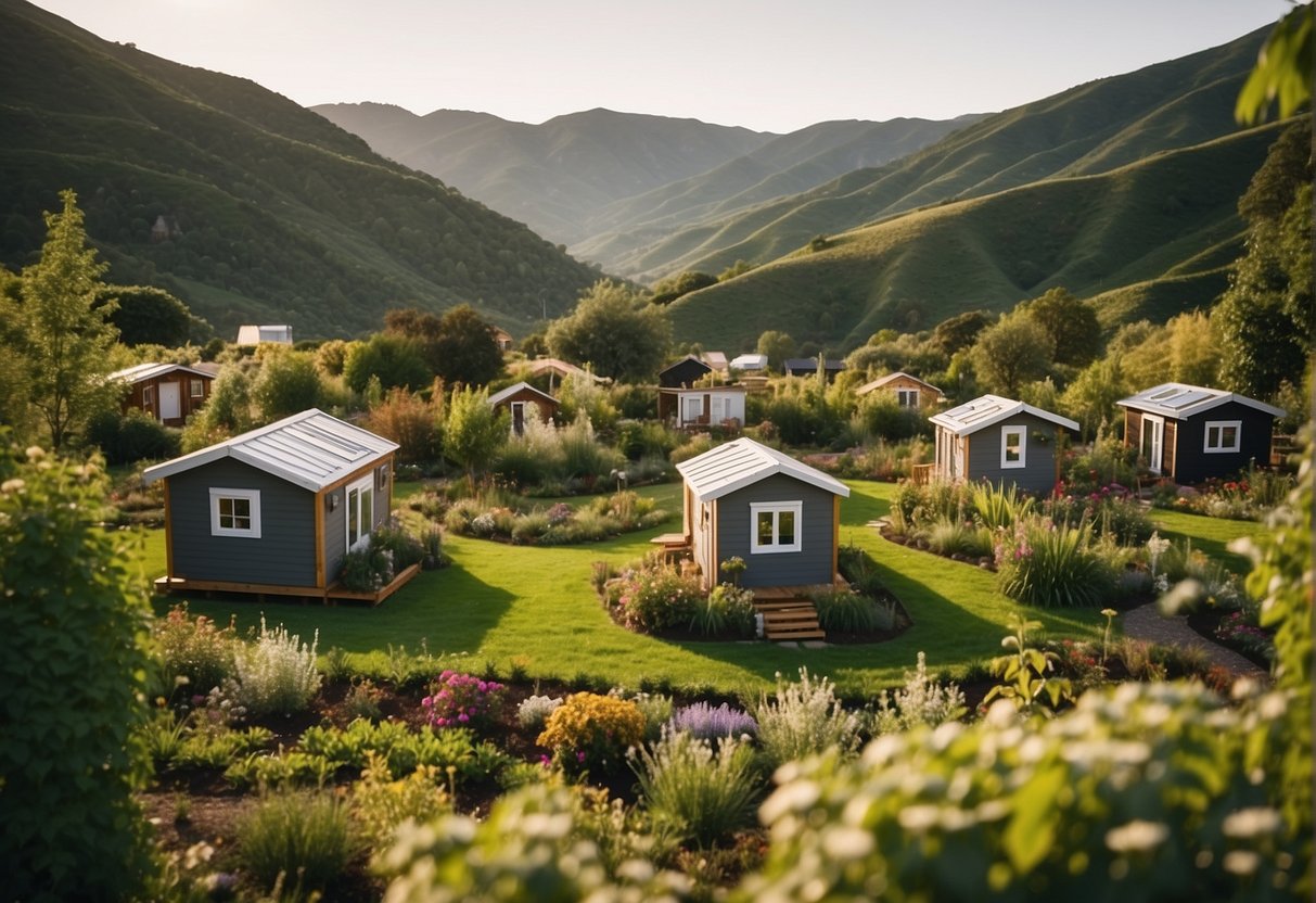 Tiny homes dot the landscape, nestled among lush greenery and rolling hills. Community gardens and communal spaces create a sense of togetherness within the compact living spaces