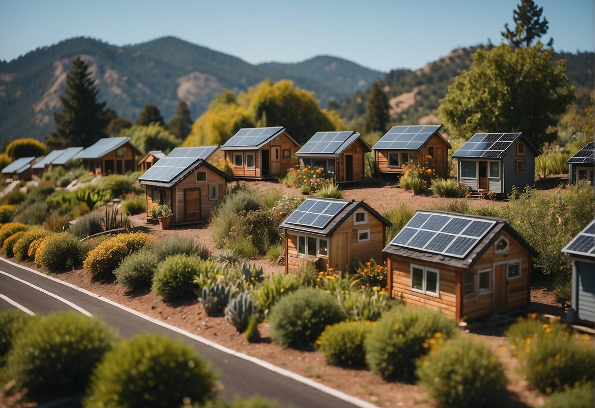 Tiny homes nestled among lush greenery, solar panels on roofs, recycling stations, community gardens, and bike paths in a serene bay area setting
