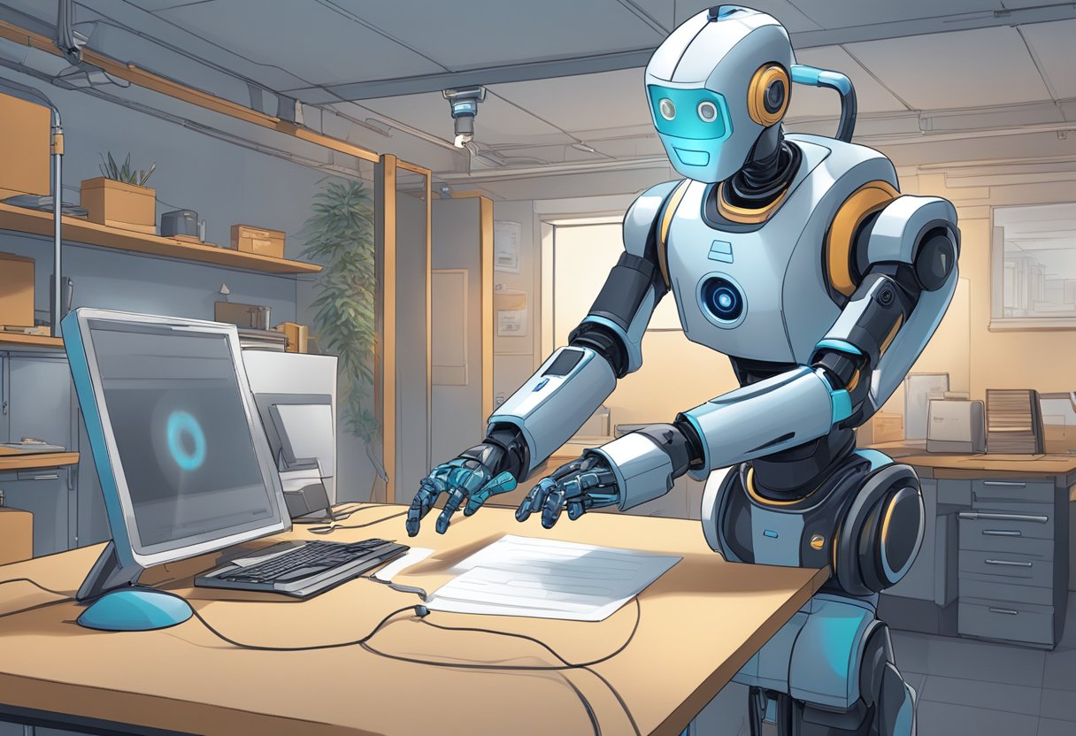 An AI-powered robot assists a customer with electrical contracting services, providing efficient and personalized support