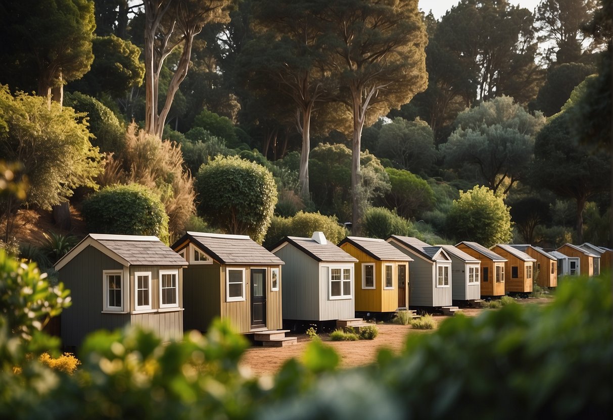 A cluster of tiny homes nestled in a lush bay area, with communal gardens, gathering spaces, and a sense of close-knit community
