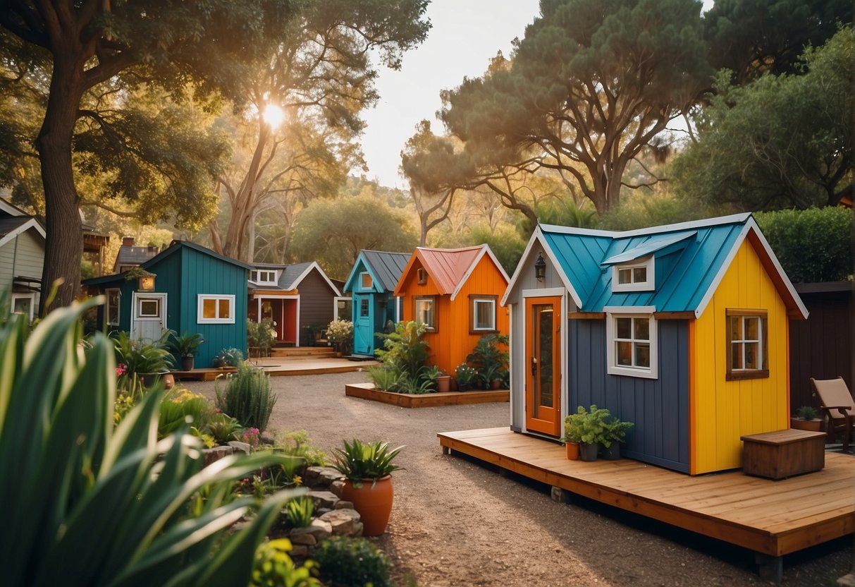 A cluster of colorful tiny homes nestled among lush greenery in a serene Bay Area community, with residents engaging in communal activities and conversations