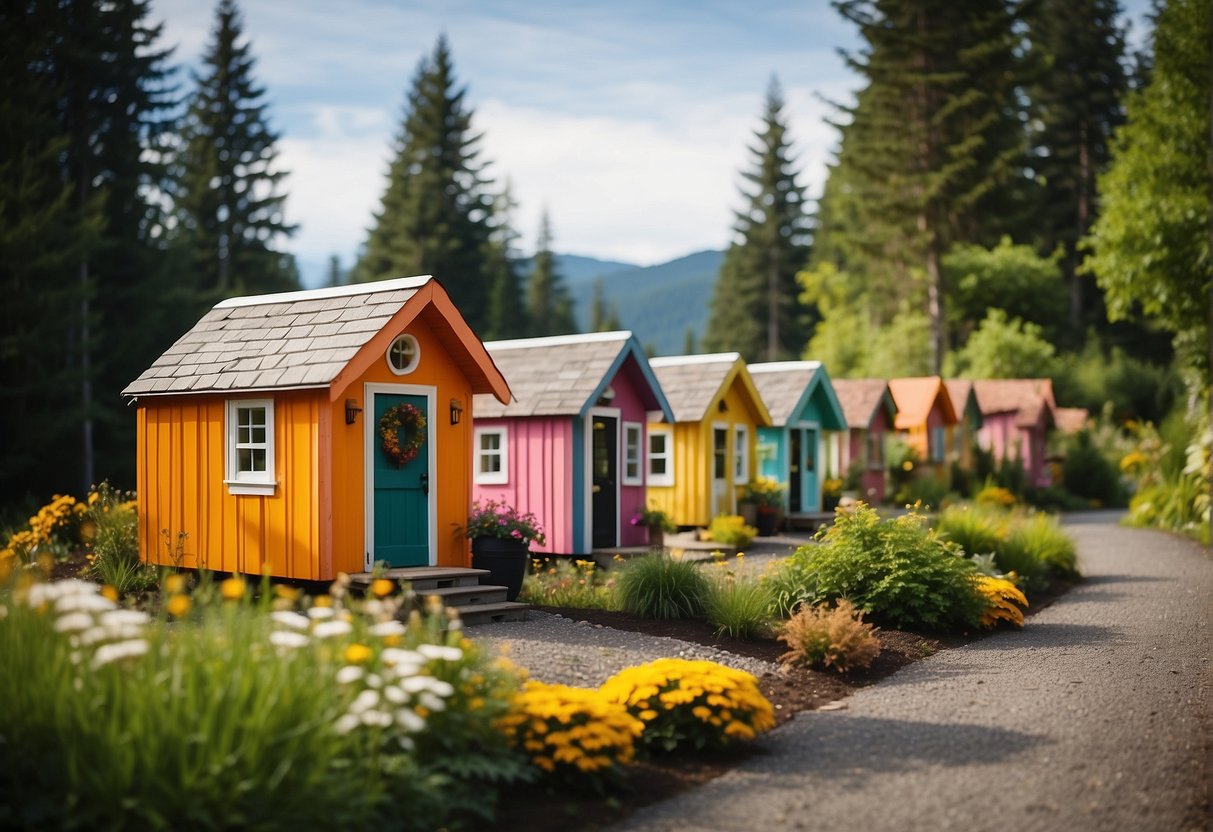 A cluster of colorful tiny homes nestled among lush green trees with a winding pathway and communal garden in a serene British Columbia setting