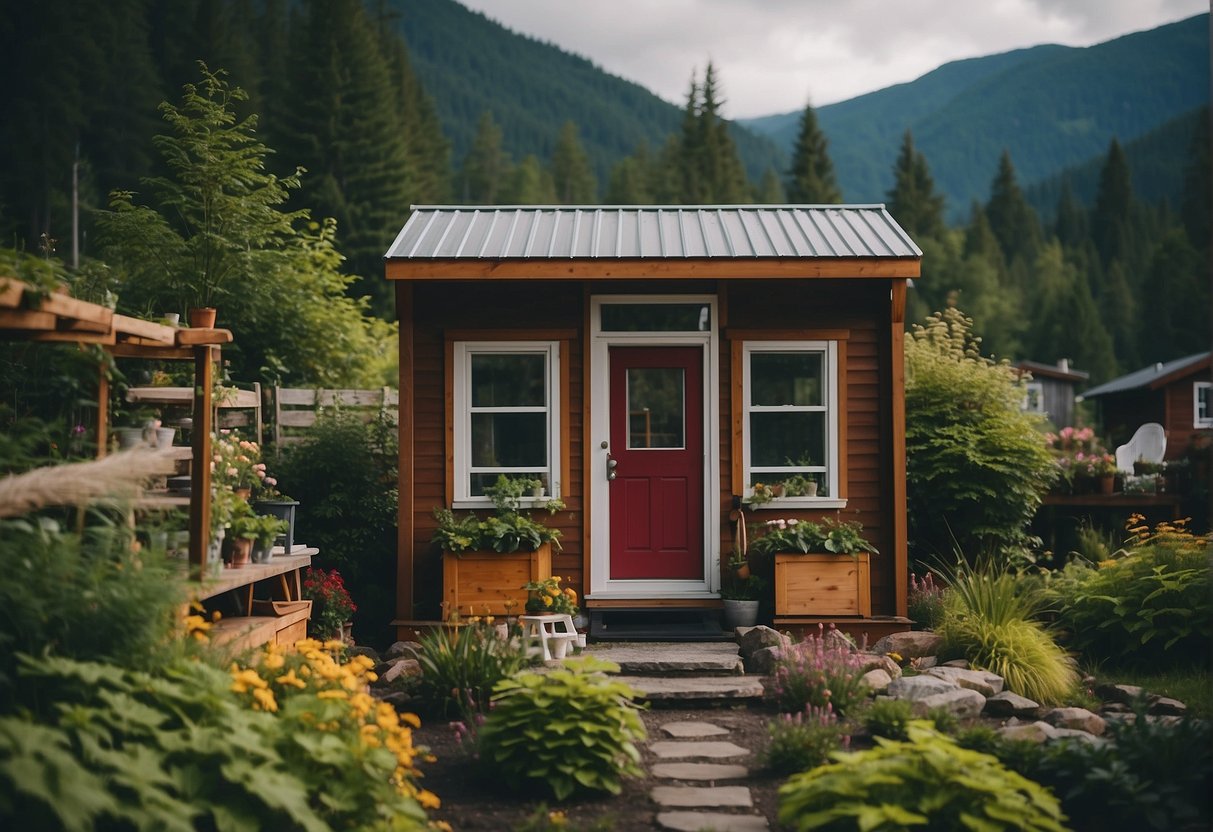 A cozy tiny home nestled in a lush British Columbia community, surrounded by mountains and forests with sustainable living features