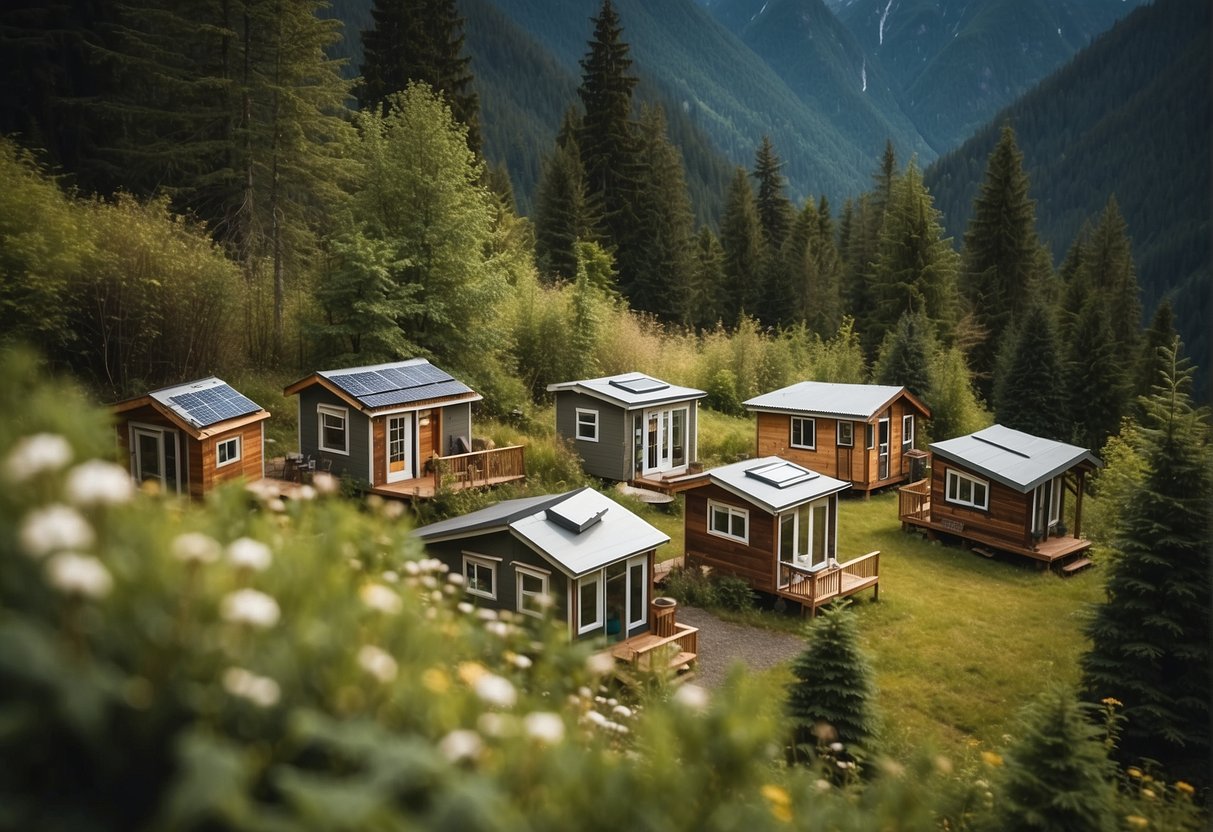 A cluster of tiny homes nestled in a lush British Columbia landscape, with a backdrop of mountains and forests