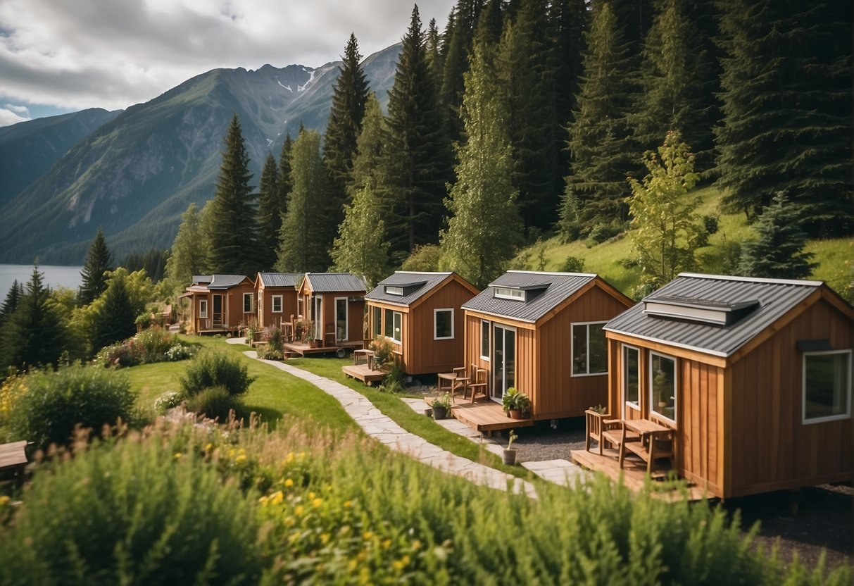 A group of tiny homes nestled among lush green trees with a communal garden and gathering space, surrounded by mountains and a serene lake in the background