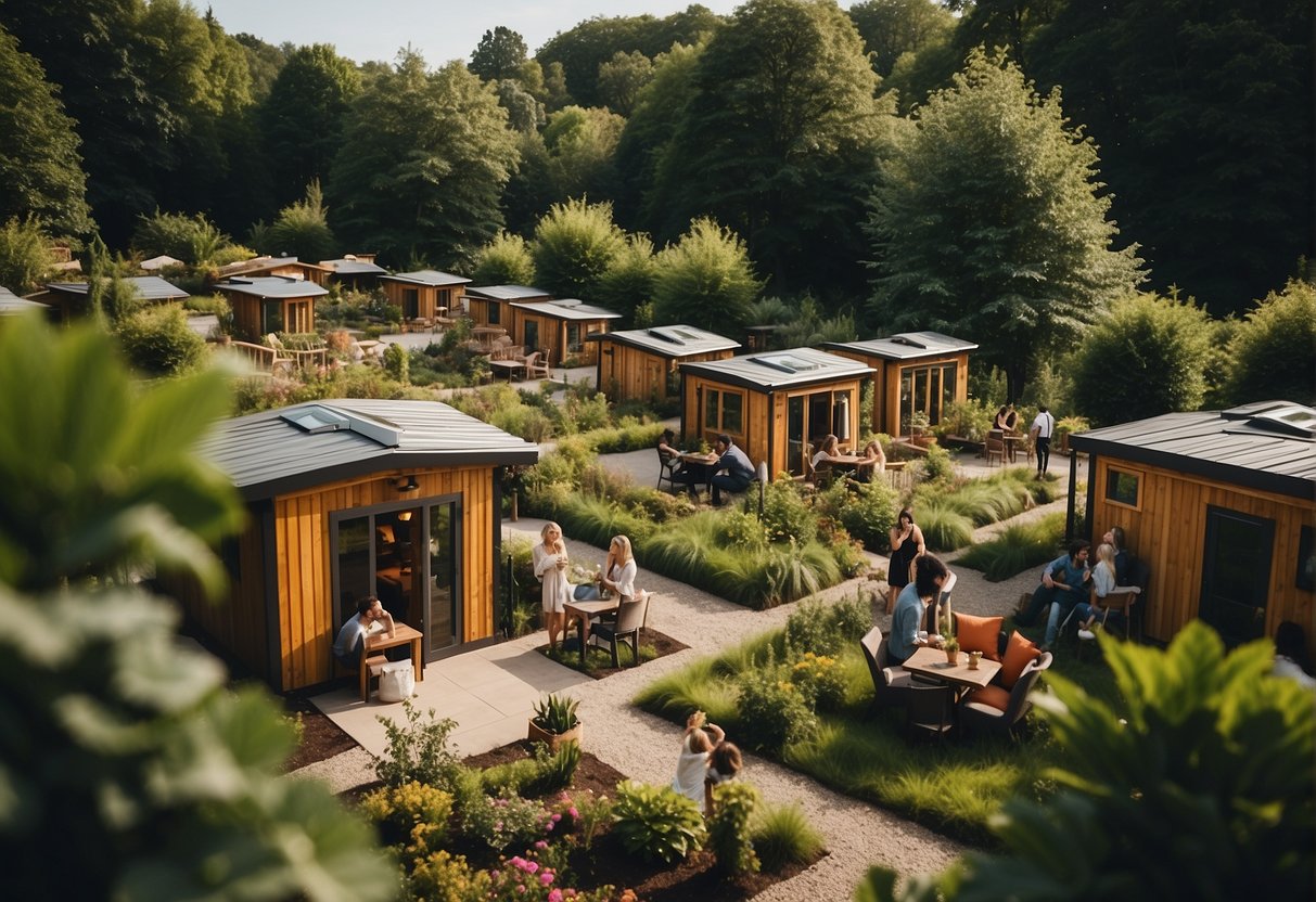 A cluster of tiny homes nestled among lush green trees, with a central communal area and people engaging in various activities