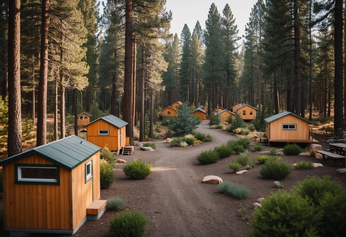 A cluster of tiny homes nestled among pine trees in Bend, Oregon. A winding path connects the homes, with communal gardens and a central gathering area