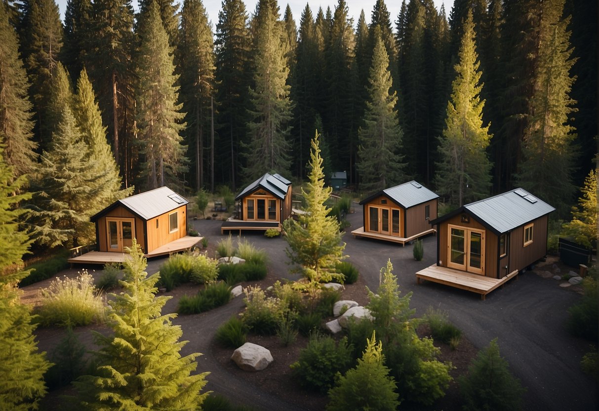 A cluster of tiny homes nestled among trees in a serene Bend, Oregon community. Each home is uniquely designed and surrounded by lush greenery