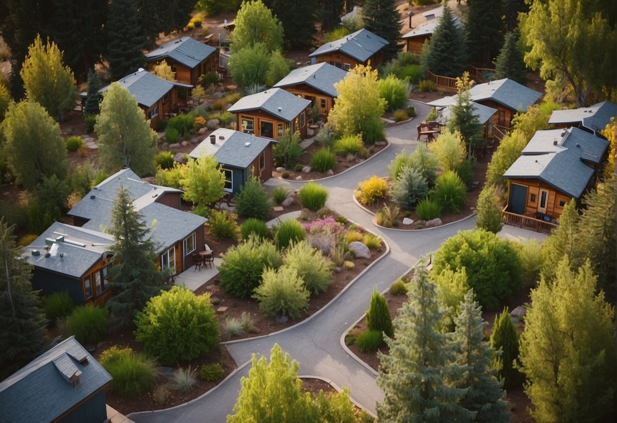 Aerial view of Bend's tiny home communities nestled among lush greenery and winding pathways, with colorful tiny houses and communal gathering spaces