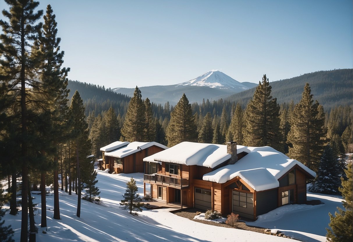 A cluster of small, modern homes nestled among tall pine trees in Bend, Oregon, with a backdrop of snow-capped mountains