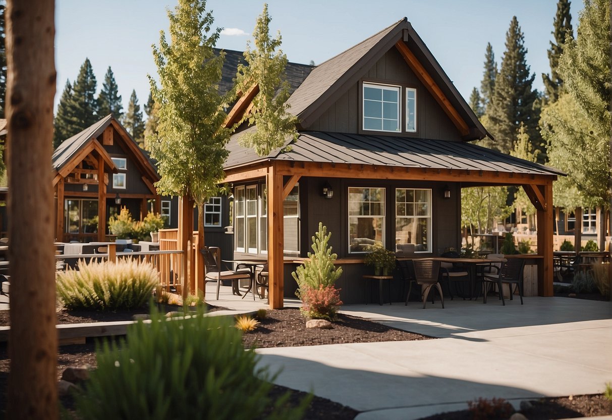 A bustling tiny home community in Bend, Oregon, with residents enjoying amenities like a communal garden, outdoor seating areas, and a central gathering space