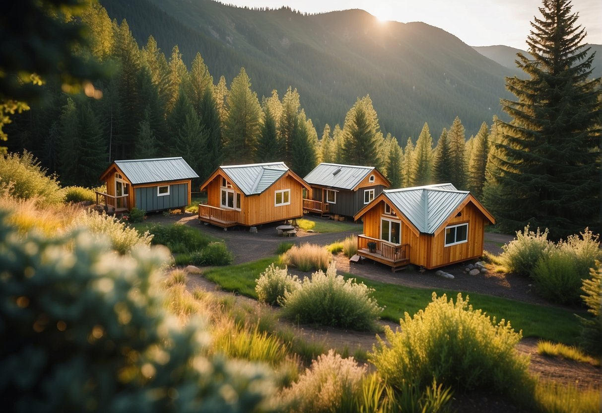 A cluster of tiny homes nestled in a serene Bend, Oregon community, surrounded by lush greenery and a backdrop of the Cascade Mountains