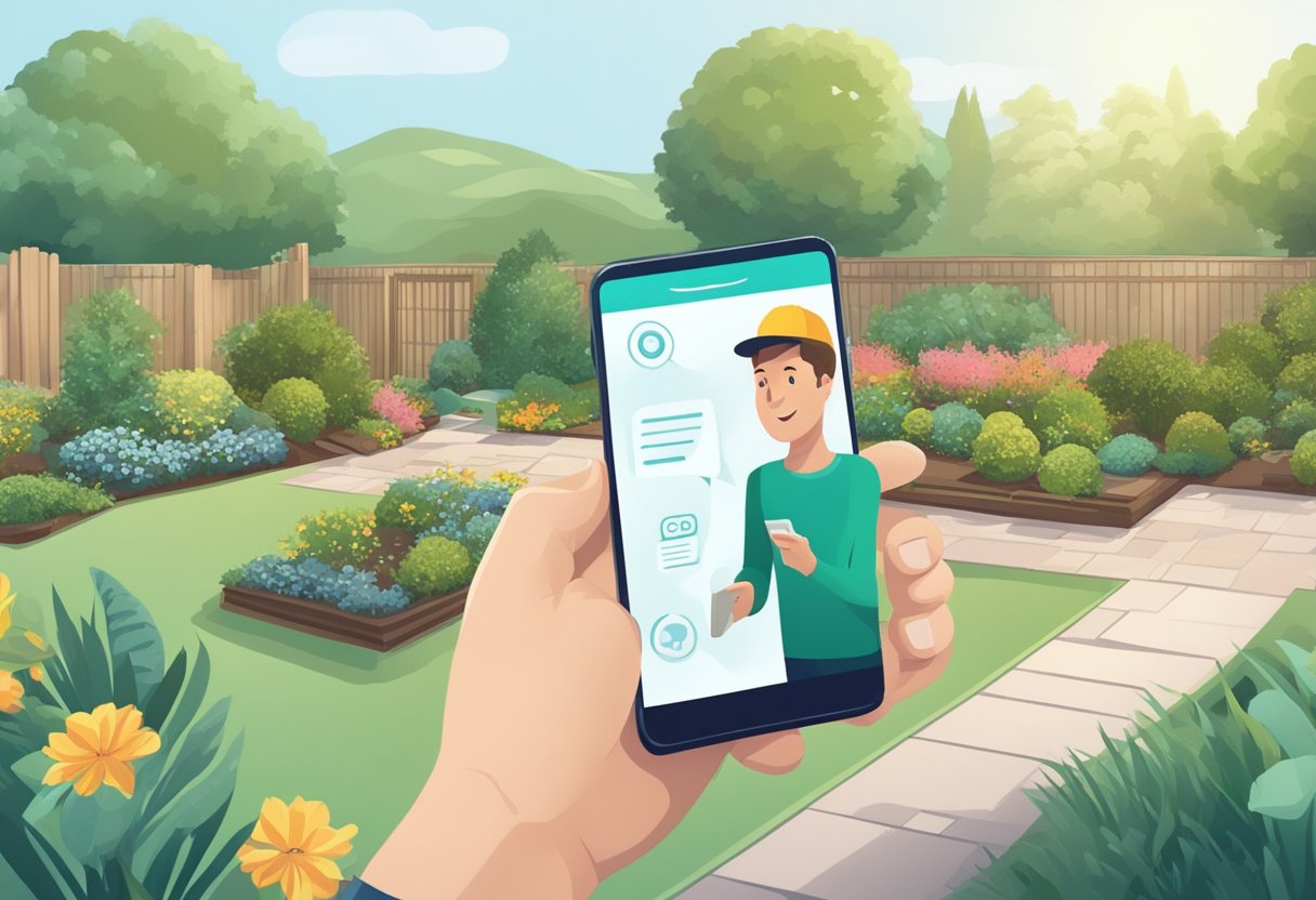 AI Chatbots for Landscaping Services - A customer uses a smartphone to chat with an AI for landscaping advice, with a garden and tools in the background