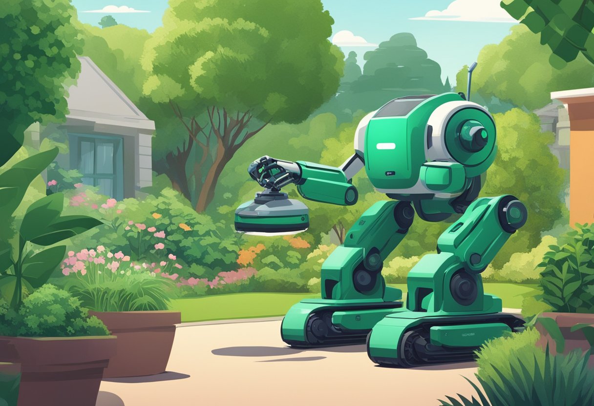 Lush greenery being meticulously trimmed by robotic arms, guided by AI algorithms, as a customer service chatbot assists clients with landscaping inquiries- AI Chatbots for Landscaping Services