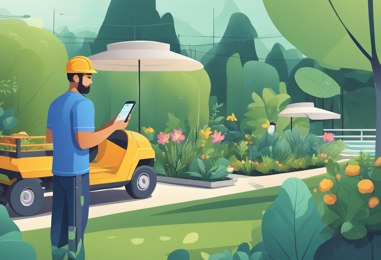A landscaper uses AI to assist a customer via phone, while a chatbot provides support on the company's website