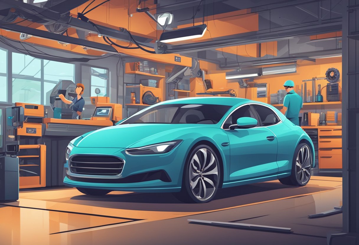 AI assistants for auto repair shops An auto repair shop with a sleek, modern design and a chatbot interface seamlessly assisting customers with their inquiries and providing helpful information