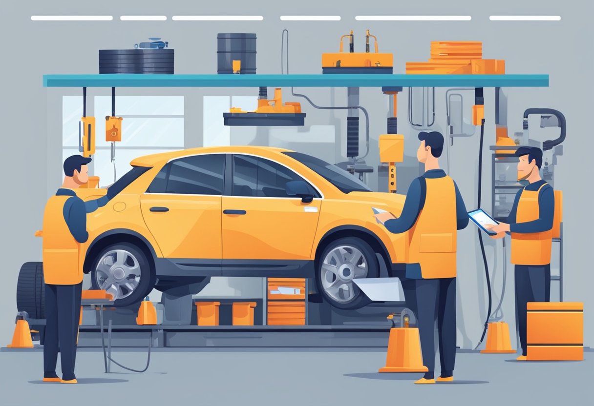 An auto repair shop with a chatbot assisting mechanics and customers, streamlining operations and improving efficiency