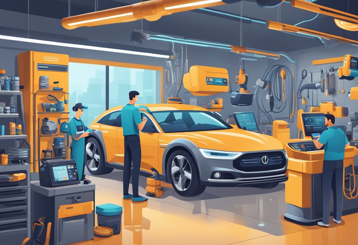 An auto repair shop with advanced chatbots assisting technicians and customers. High-tech tools and equipment are visible, showcasing the future of automotive repair