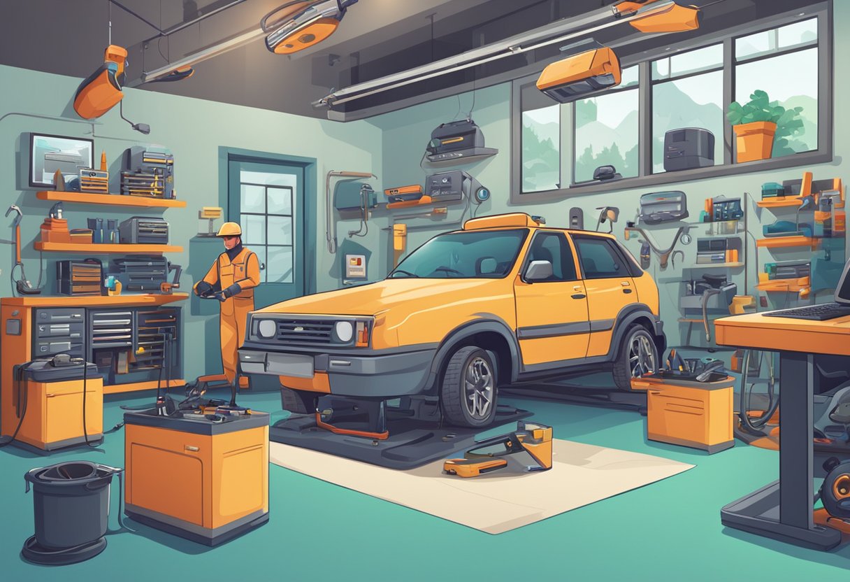 An auto repair shop with a chatbot on a computer screen, surrounded by tools, car parts, and a customer service desk