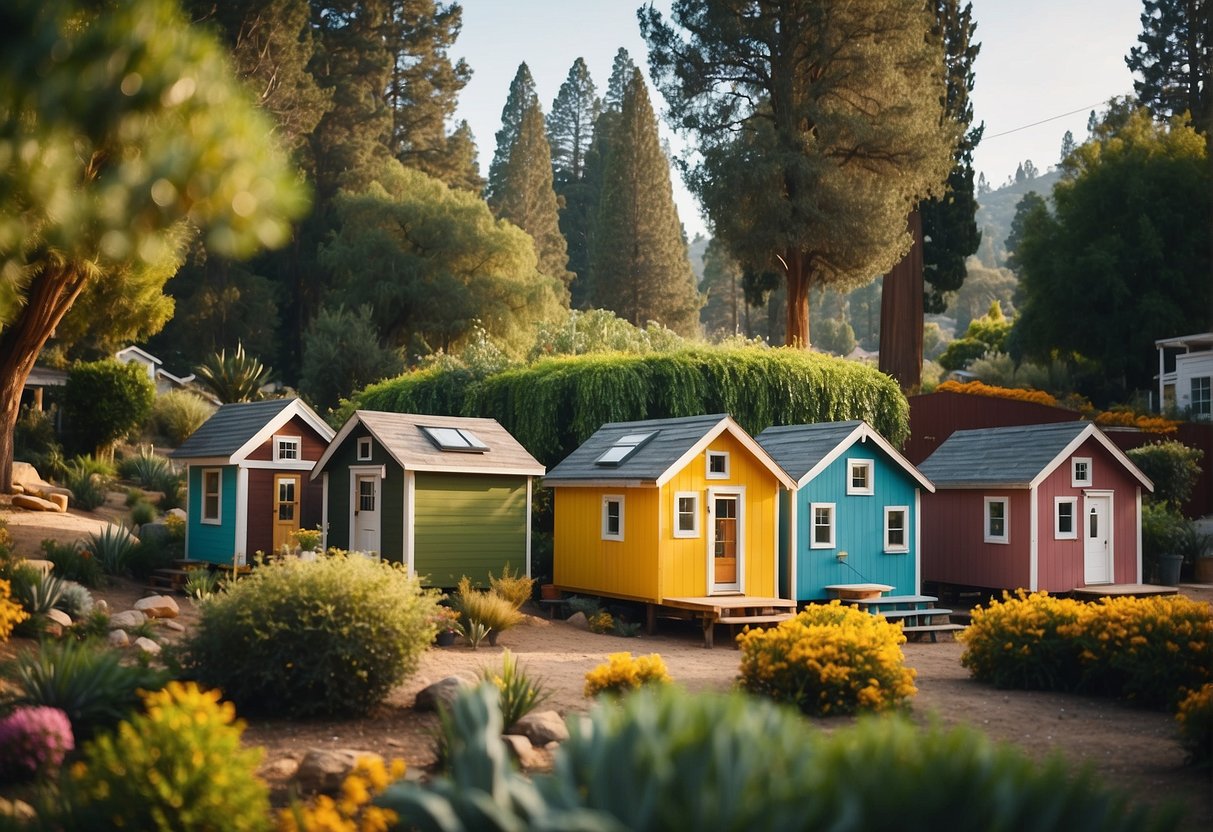 A cluster of colorful tiny homes nestled among lush greenery in a sunny California community