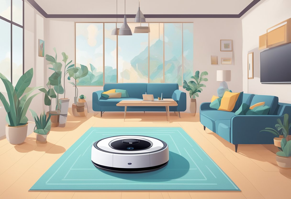 An AI virtual assistant directs robotic vacuum cleaners around a modern, clutter-free living room AI Virtual Assistants for Residential Cleaning Services
