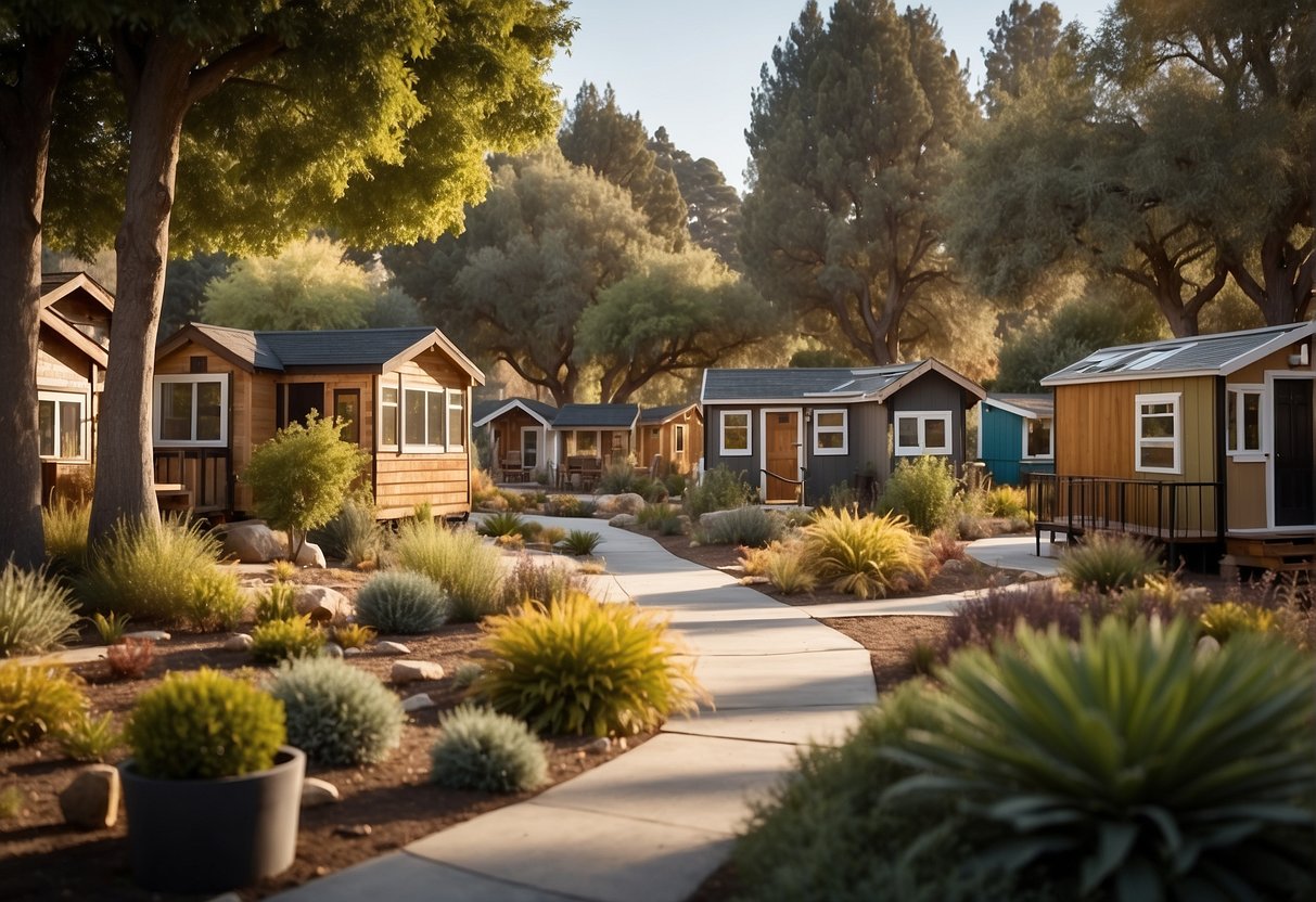 A cluster of tiny homes nestled among trees, with communal gardens and a central gathering area in a sunny California community