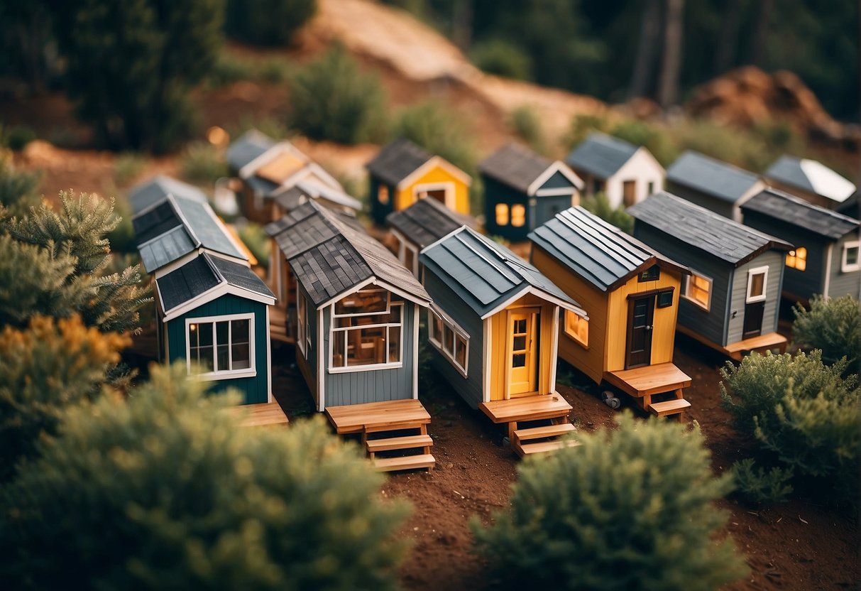 A cluster of tiny homes nestled among trees in a California community