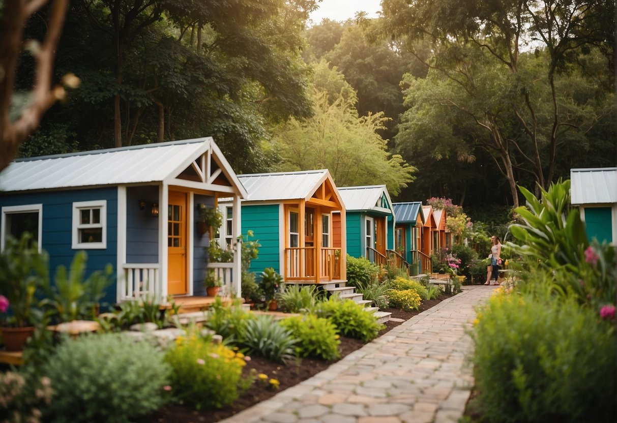 A row of colorful tiny homes nestled among lush greenery, with communal gardens and outdoor seating areas. A backdrop of rolling hills and blue skies completes the idyllic lifestyle community