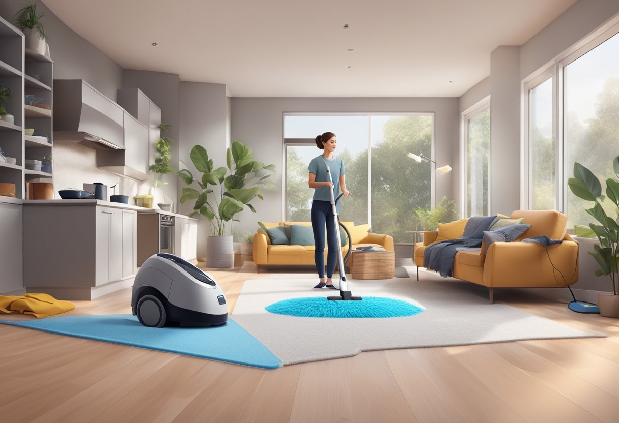 An AI virtual assistant directs robotic vacuums and mops around a modern, clutter-free home, optimizing operations for residential cleaning services