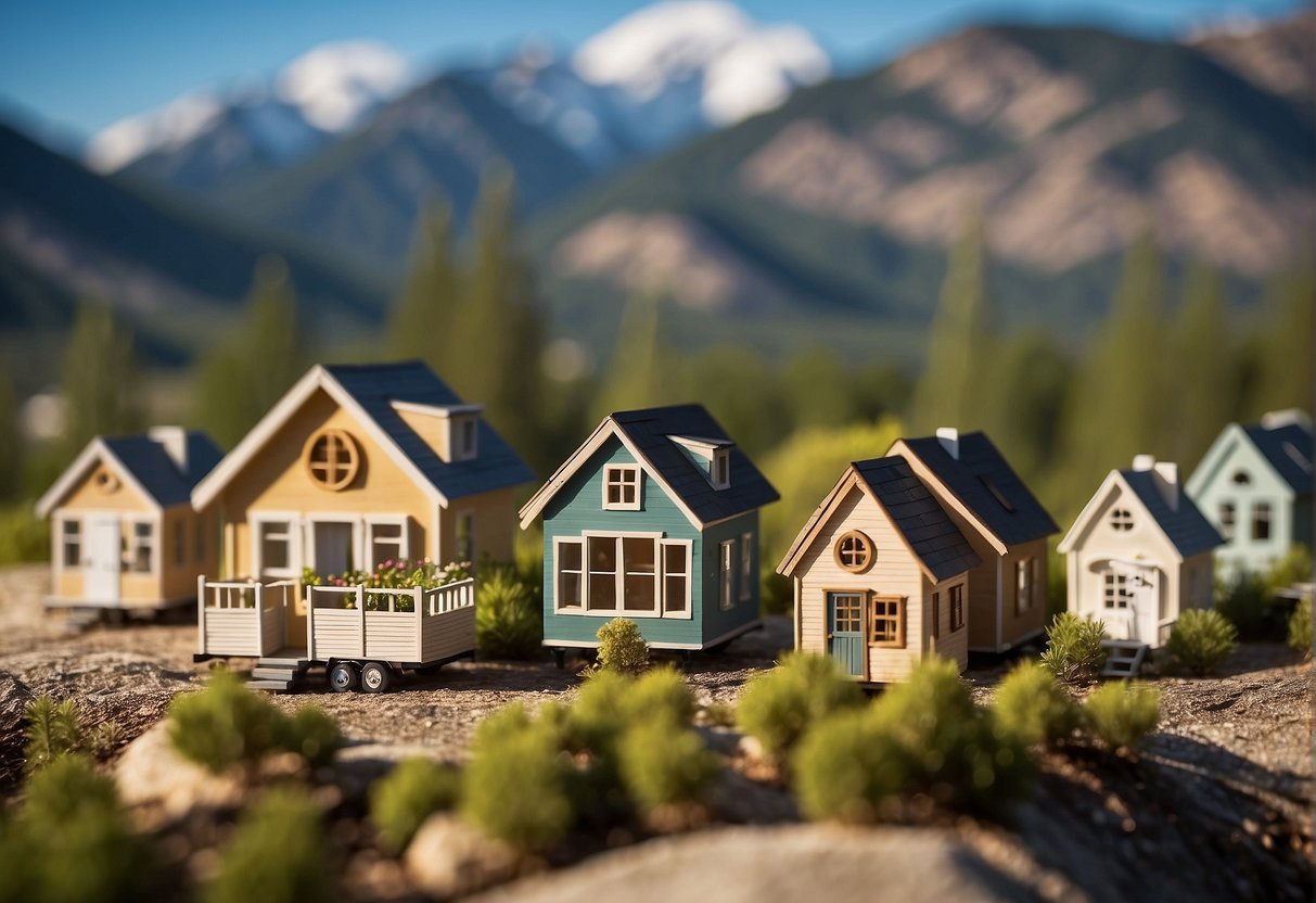 People browsing tiny homes in a community, sign reads "Buying and Renting in Tiny Home Communities." Trees and mountains in the background