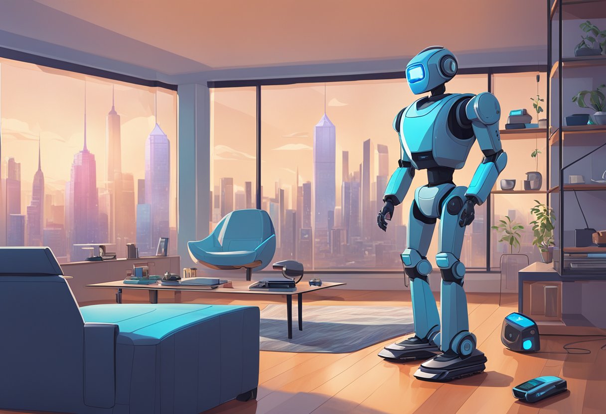 A virtual assistant AI directs robot vacuums through a cluttered living room, while a futuristic skyline looms outside the window
